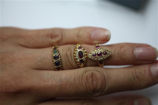 Six late 19th/early 20th century gem set dress rings, various sizes.